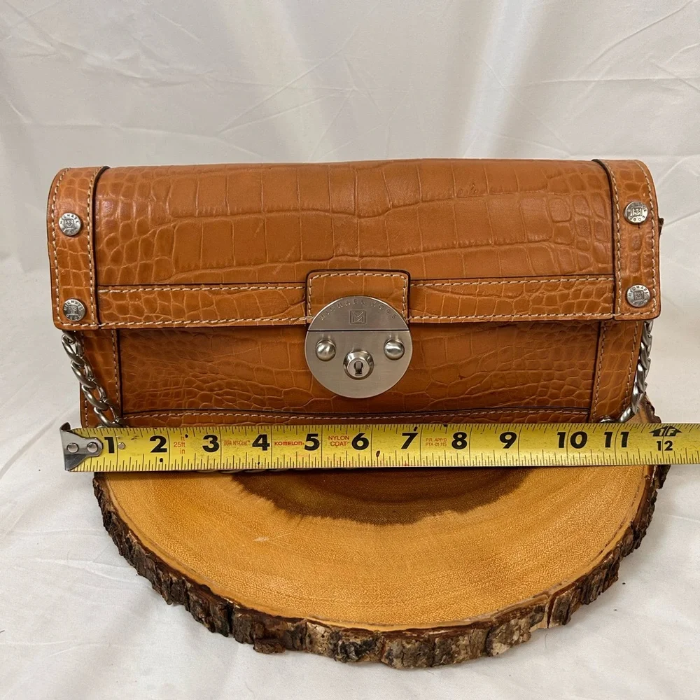 Cognac Croc-Embossed Leather Shoulder Bag with Silver Chain